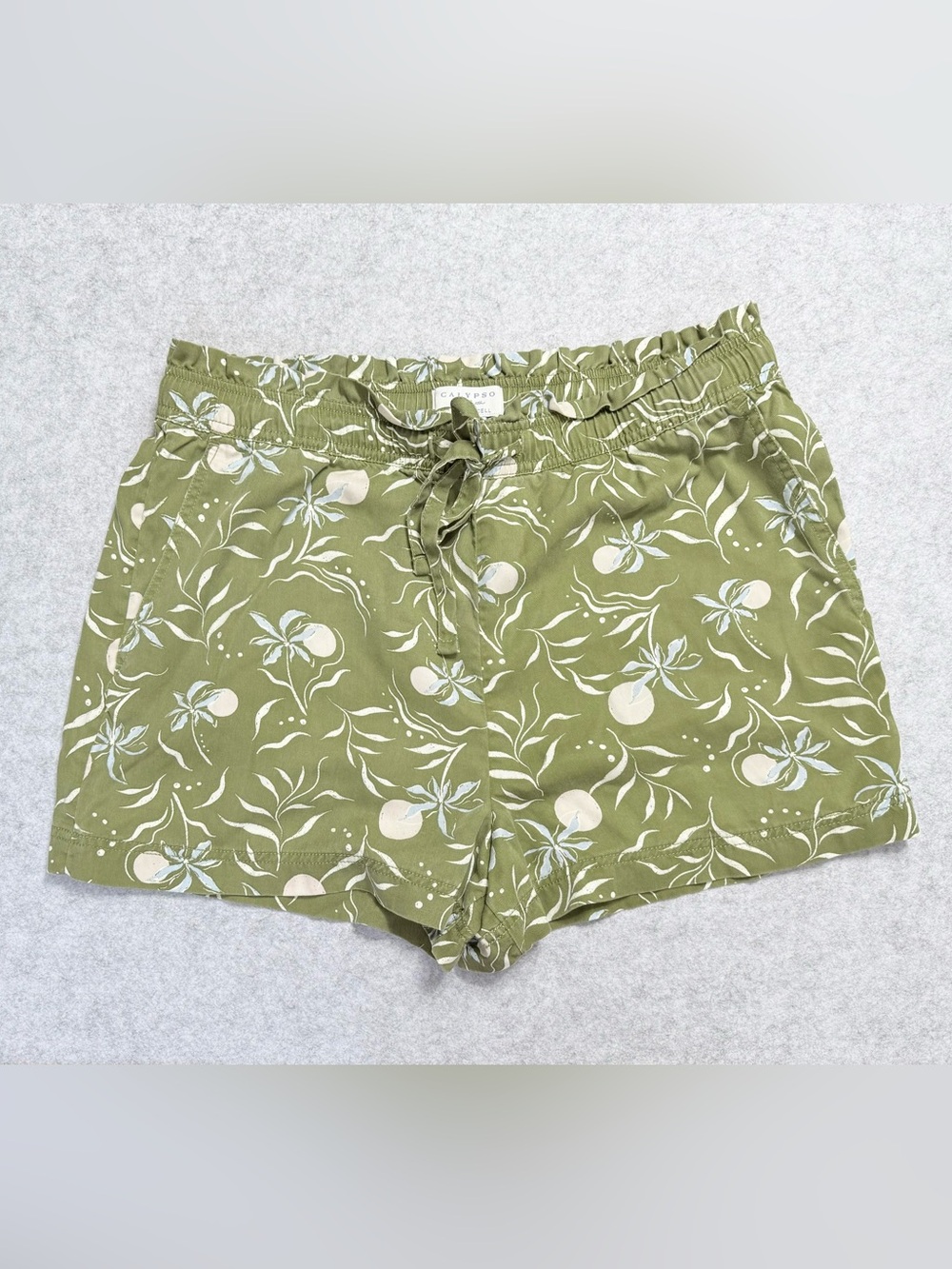Calypso St. Barth Olive Green Printed High-Waist Drawstring Shorts
